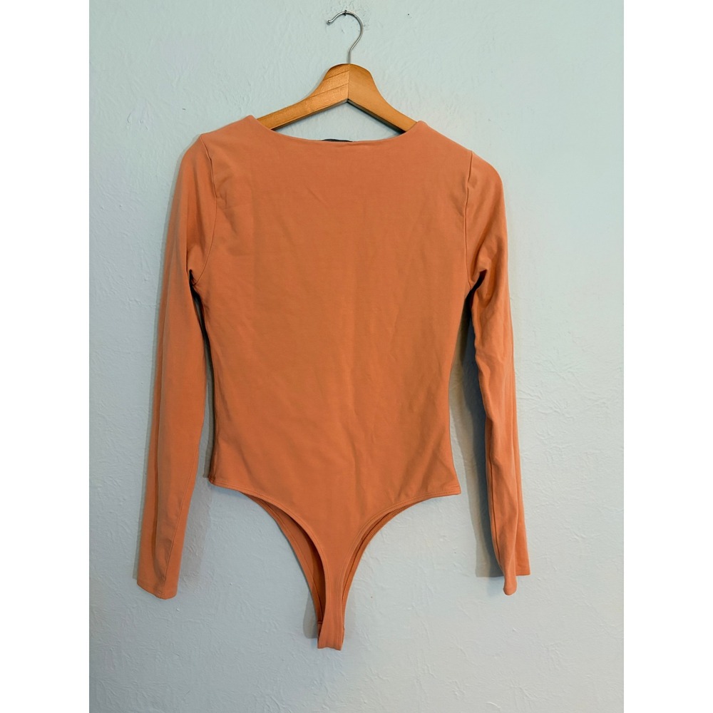 Forever 21 Bodysuit Large Peach Orange Long Sleeve V-Neck Stretch Minimalist - Picture 10 of 11